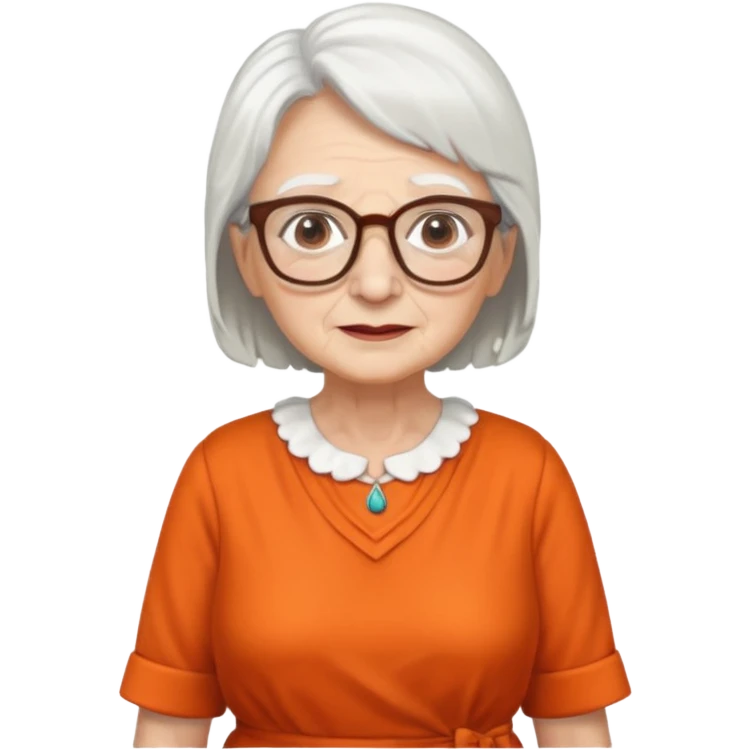 OLD LADY IN KITCHEN OUTFIT ORANGE DRESS, GLASSES. WHITE HAIR  emoji