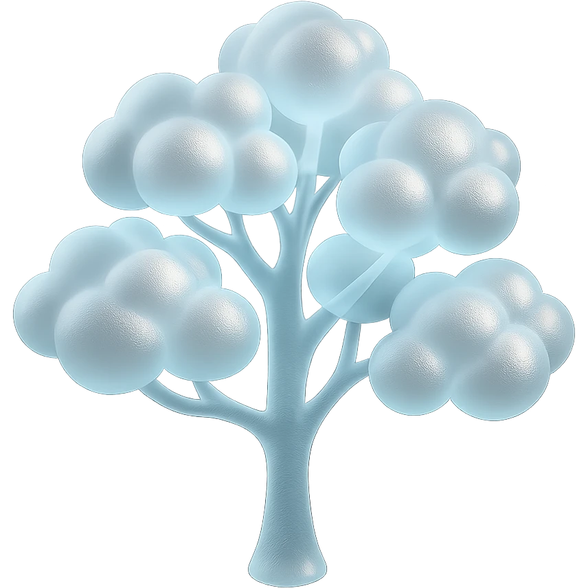 one tree with many branches, trunk made of small very bright white fluffy convex clouds, matte glass style emoji