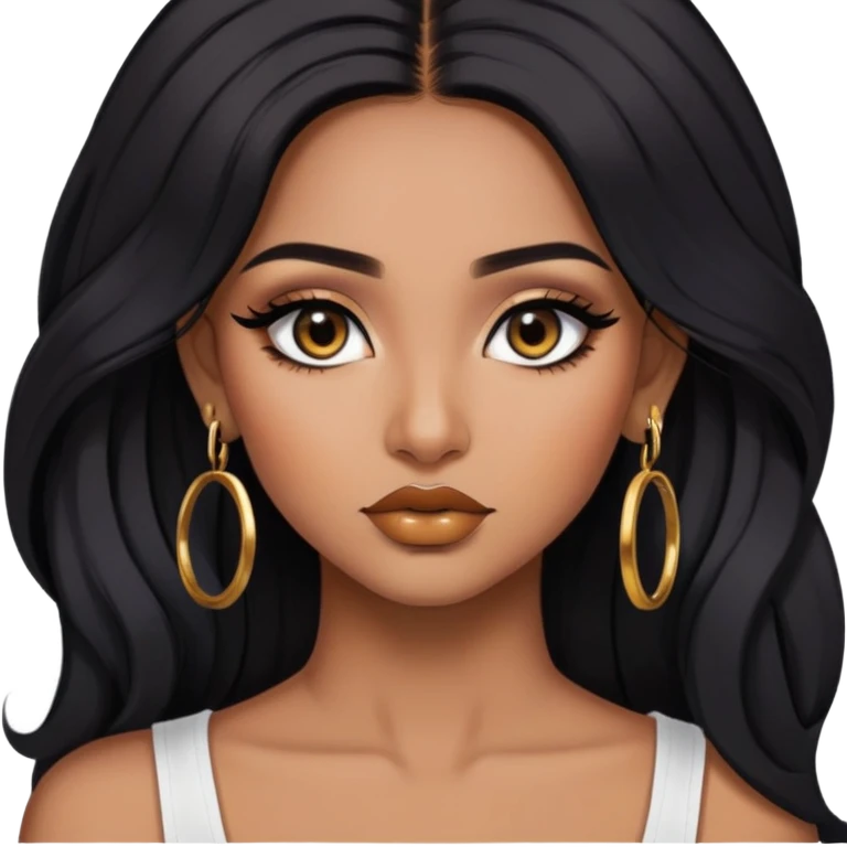 indian girl, brown skin, long black voluminous hair, brown underneath colored hair, baddie,pretty, makeup, lipliner, black eyeliner, gold hoop earrings, white top emoji