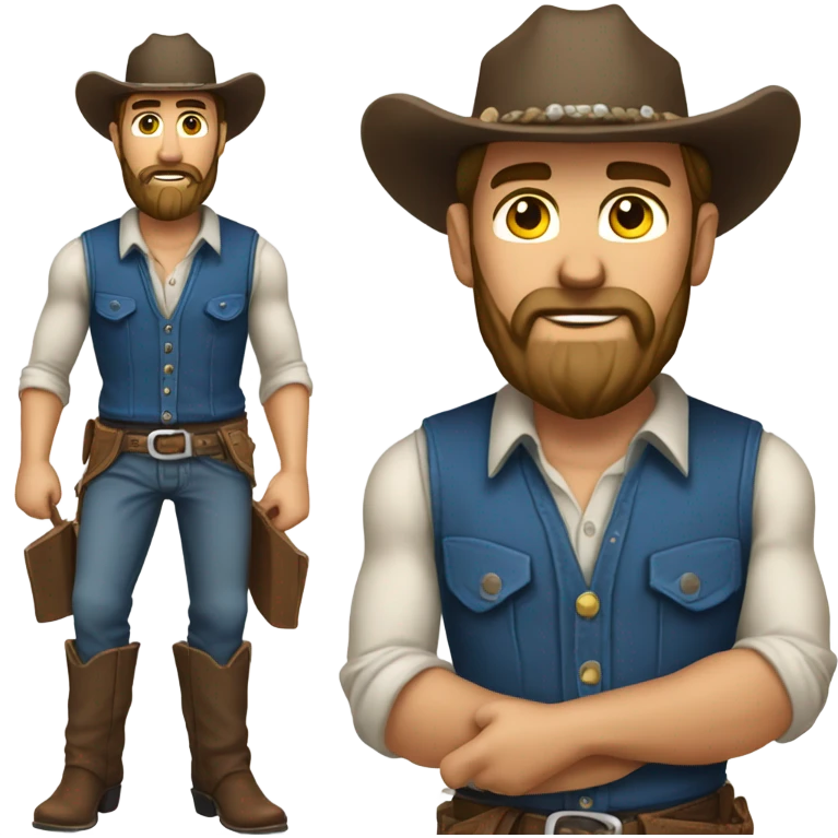 a rugged cowboy with a thick beard, wearing a blue vest over a classic western shirt. He should have a confident stance, showing full torso emoji