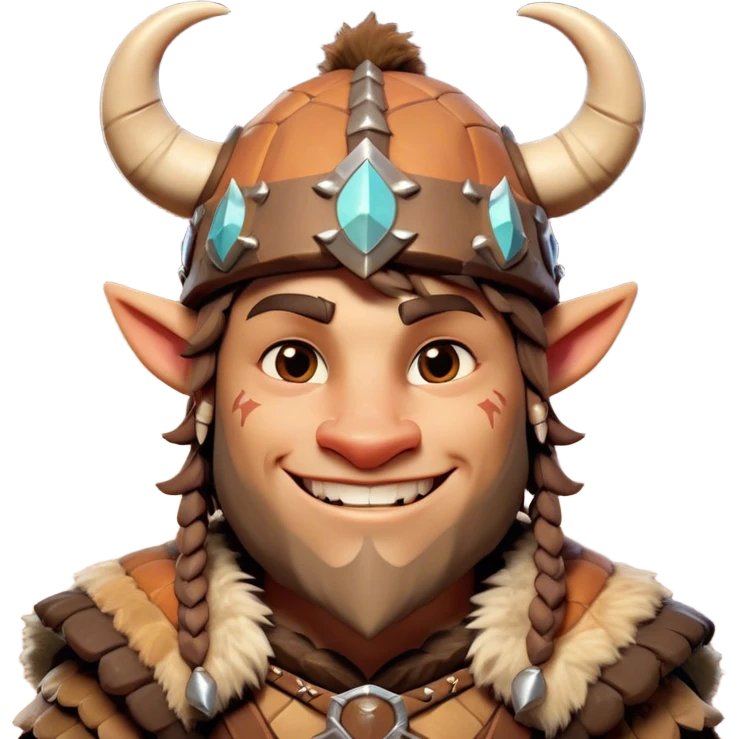 Cinematic Playful Barbarian Portrait Emoji, Head tilted with a cheeky grin and lively eyes, featuring a compact, stylized build in patchwork furs and a whimsical horned cap, Simplified yet irresistibly charming features, highly detailed, glowing with a warm, inviting glow, high shine, energetic and endearing, stylized with a touch of whimsical medieval mischief, soft glowing outline, capturing the essence of a playful barbarian that exudes friendly bravery! emoji