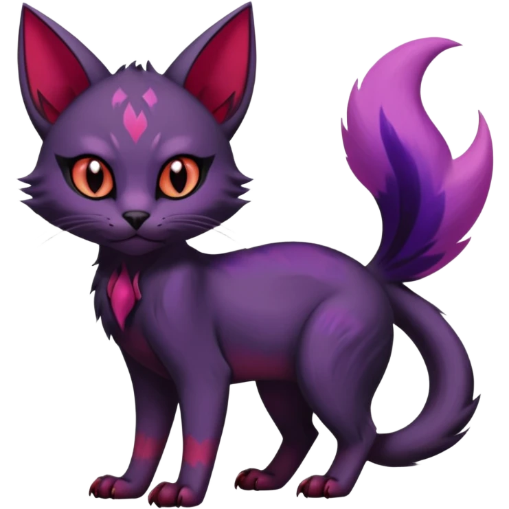 Black edgy cute demonic realistic pretty beautiful sleek Noibat-Purloin-Torracat-Lykoi-Caracal-cat-Fakemon-fusion-hybrid-creature with violet and red scale markings emoji