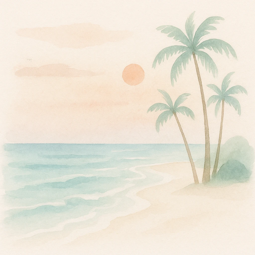 soft watercolor illustration in a minimalist modern style of a tropical beach with white sand, turquoise water, gentle waves, a few palm trees, during sunset, pastel colors, delicate linework, gentle whimsical mood, minimal soft shading emoji