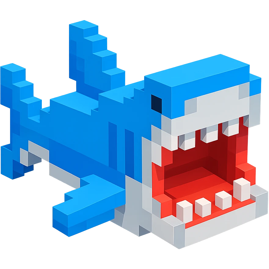 voxel style shark, open mouth, blocky, blue and silver, no background emoji