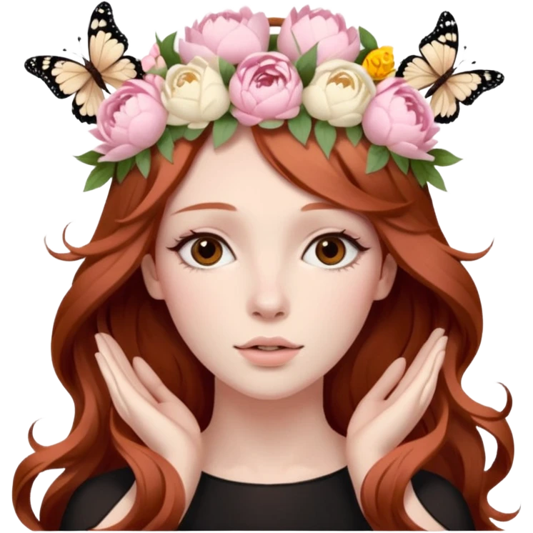 Woman with long flowing auburn hair wearing a pastel flower crown with pale pastel pink peonies and cream colored roses and butterflies in it emoji