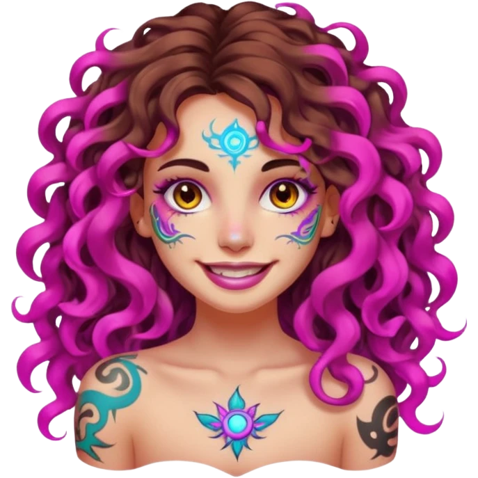 woman with long curly brown hair, brown eyes, white skin, tattoos, fake innocent smile with chaotic neon aura emoji