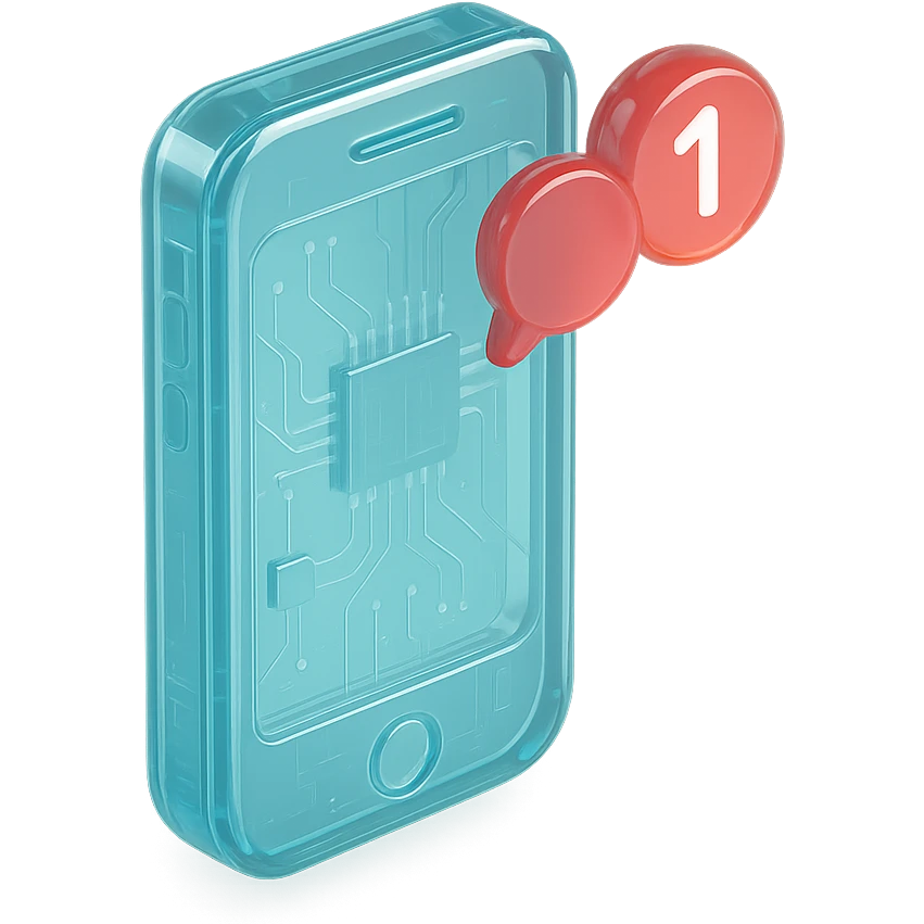 Icon of a smartphone with notification bubbles, flat design, cyan blue emoji