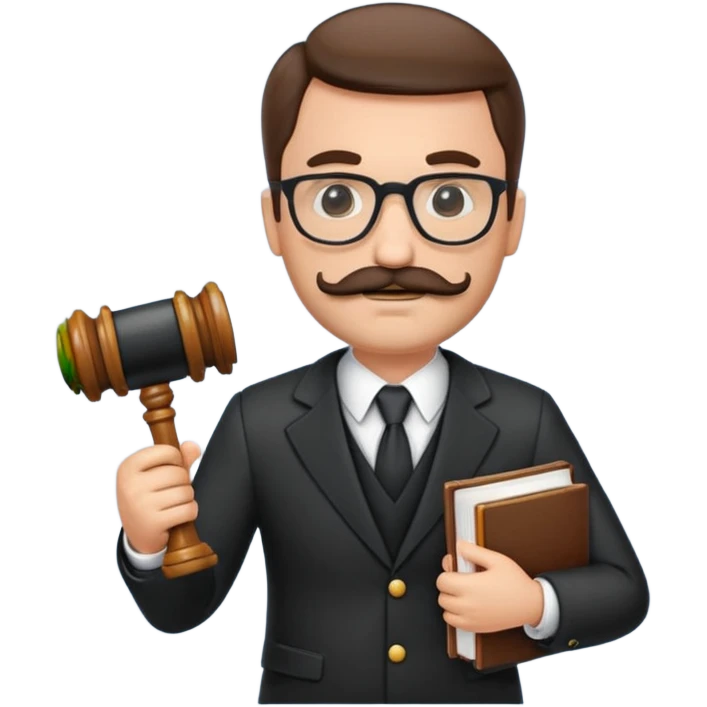 “Create a clean, modern emoji-style illustration of a male lawyer. He is wearing a formal suit jacket. He is holding a judge’s gavel (QUE SE VE DE COSTADO) in one hand and has a law book tucked under his arm. He has a mustache and a short beard, and GLASSES emoji