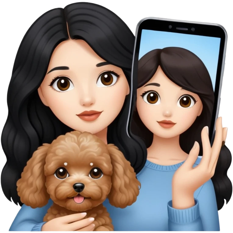 beautiful women with long black hair and  cute brown maltipoo taking a selfie  emoji