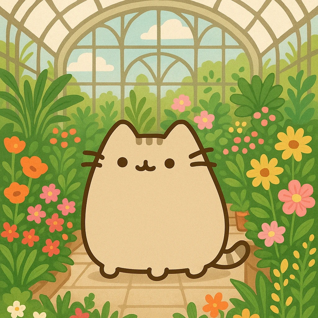 beige pusheen-style kitten in a botanical garden greenhouse filled with flowers emoji