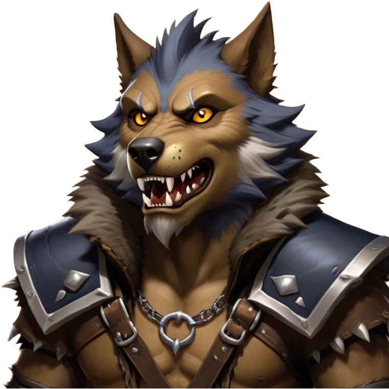 Cinematic Realistic WoW Worgen Portrait, head tilted dramatically with an exaggeratedly amused expression, blending ferocious beastliness with a touch of unexpected humor. His rugged fur, tanned skin, and worn leather garments are rendered with meticulous detail and dynamic lighting, high shine, dramatic yet whimsical, capturing the essence of a worgen whose epic might is tempered by a playful, irreverent charm. emoji