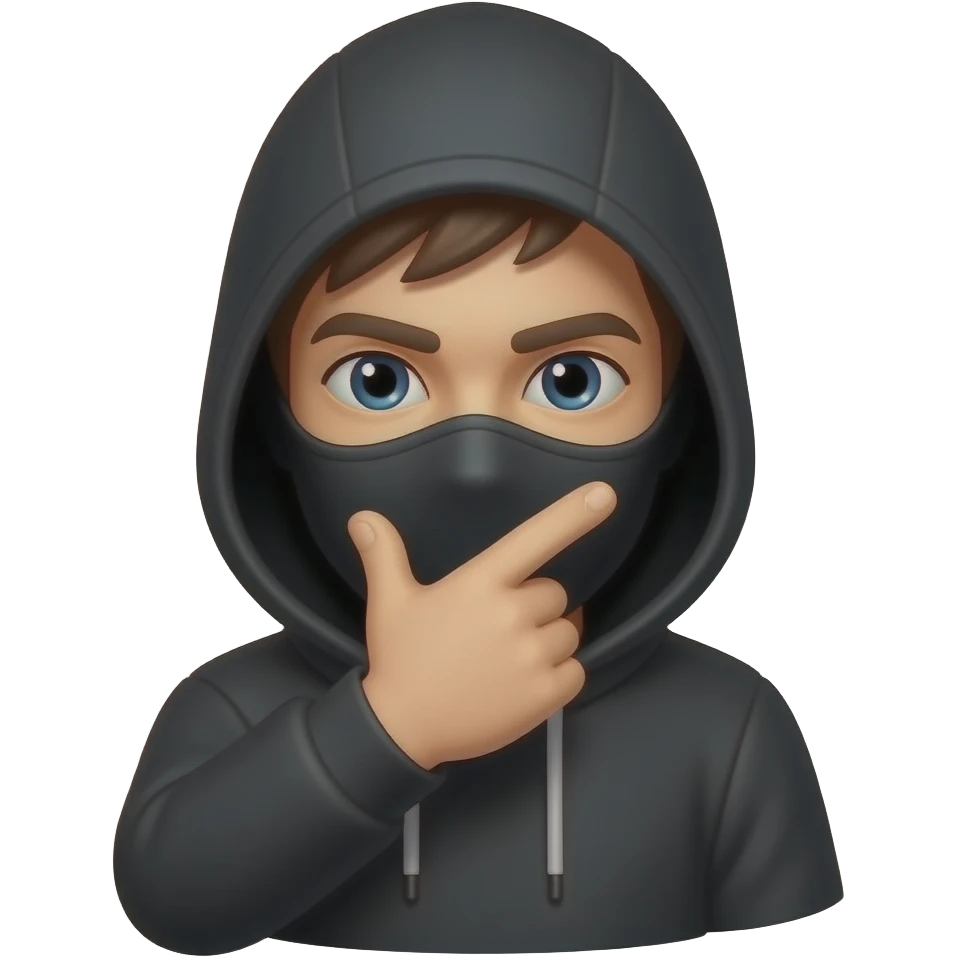 Homem vestido com máscara de hacker de preto tampando a cara com uma mao, com a mão no meio da cara emoji
