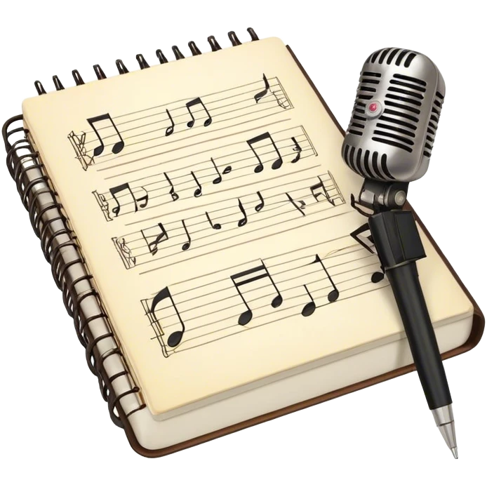 Create an emoji representing songwriting. The design should feature an open notebook or sheet music with visible lyrics between the musical notes, symbolizing the process of writing song lyrics. The text between the notes should be clearly visible. A pen or pencil should be placed near the notebook, indicating active writing. Optionally, include a single vintage microphone lying beside the notebook (not on the music notes) to add a creative touch. Use a harmonious color palette with warm and neutral tones. Do not include any emojis or smiley faces. Make the background transparent. emoji