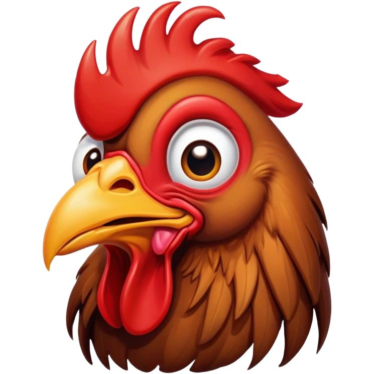 Cinematic Comical Brown Rooster Portrait Emoji, Head tilted dramatically with an exaggeratedly amused expression, featuring a striking, glossy brown plumage with a bold red comb, wide, expressive warm eyes filled with playful disbelief, Simplified yet hilariously expressive features, highly detailed, glowing with a slightly sassy glow, high shine, dramatic yet playful, stylized with an air of cheeky mischief, bright and endearing, soft glowing outline, capturing the essence of a spirited and over-the-top rooster, so meme-worthy it feels like it could crow its way into internet fame instantly! emoji