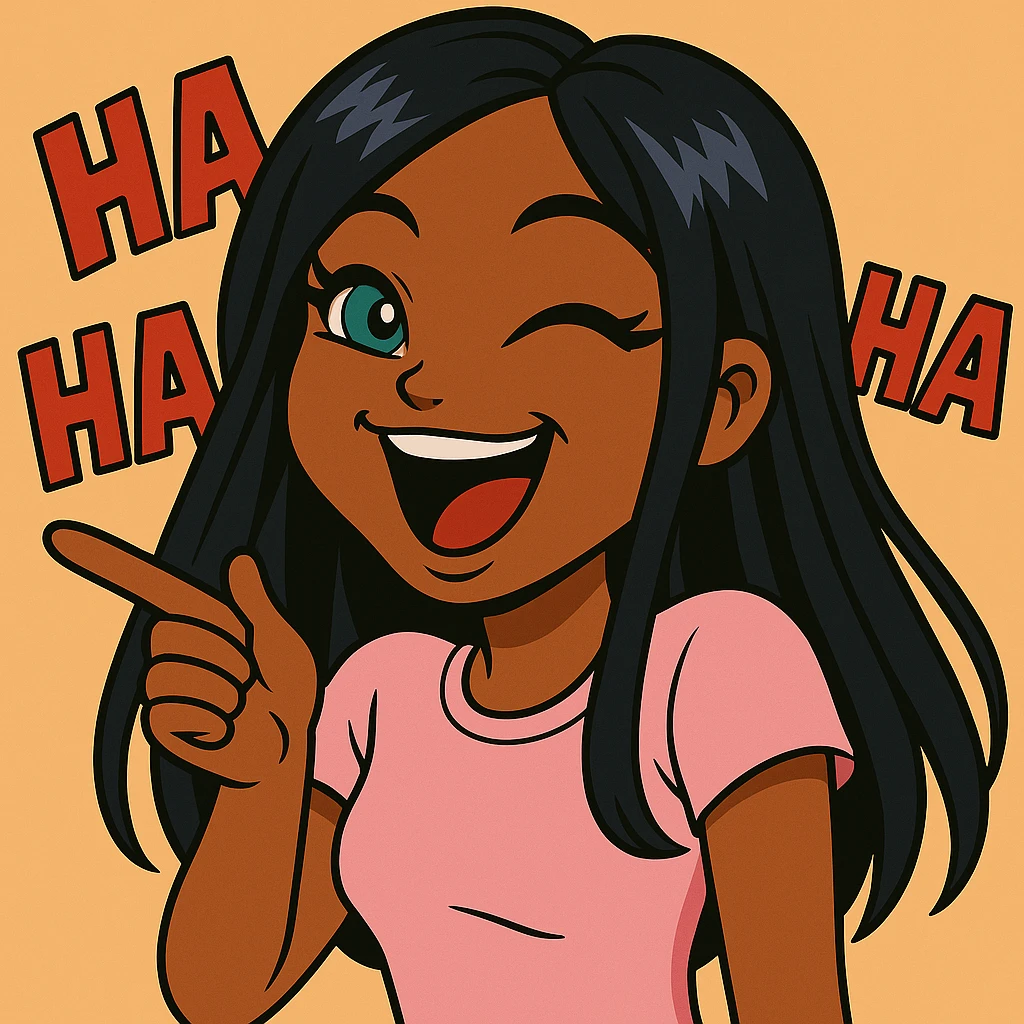 Change the pose to pointing and laughing, add 'ha ha ha' text in the background, headshot only, 20-year-old anime Bratz style woman with dark skin, straight hair, more casual outfit, big expressive eyes, glossy lips, no hat, no tears, happy expression, looking straight ahead. emoji