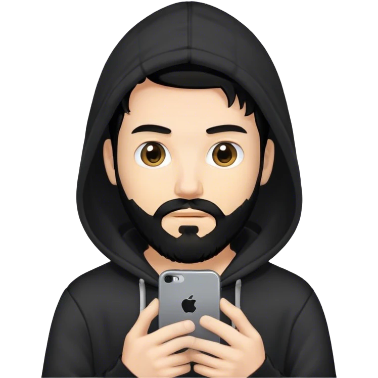 hackeur blanc cheveux noir barbe et capuche noir avec un iphone emoji