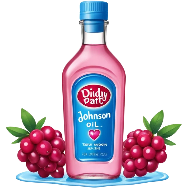 bottle of oil blue top pink outside with logo that says Diddy Party oil Johnson and Johnson  brand with a smiling berry on top emoji