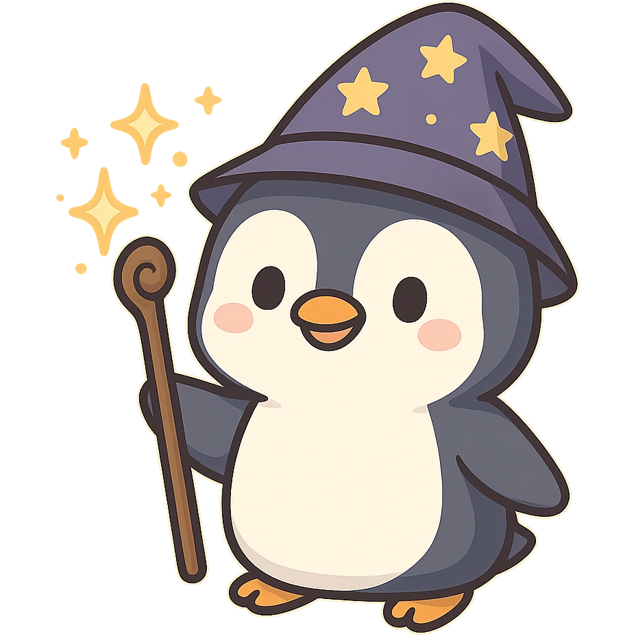 smiling chibi penguin wizard, starry pointed hat, holding a staff with magical sparkles floating emoji
