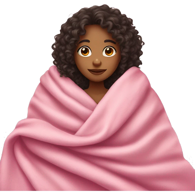 girl with curly dark hair and light skin cuddled in a pink blanket emoji