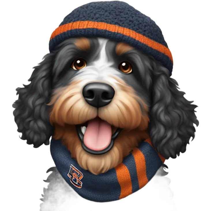 Bernedoodle with chicago bears hat and scarf emoji