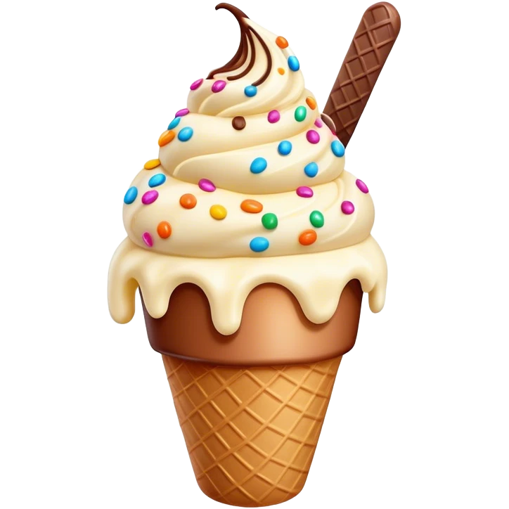 Cinematic scoop of rich, creamy ice cream, slightly melting, smooth swirls of chocolate and vanilla, colorful sprinkles on top, warm glowing background, playful and inviting. emoji