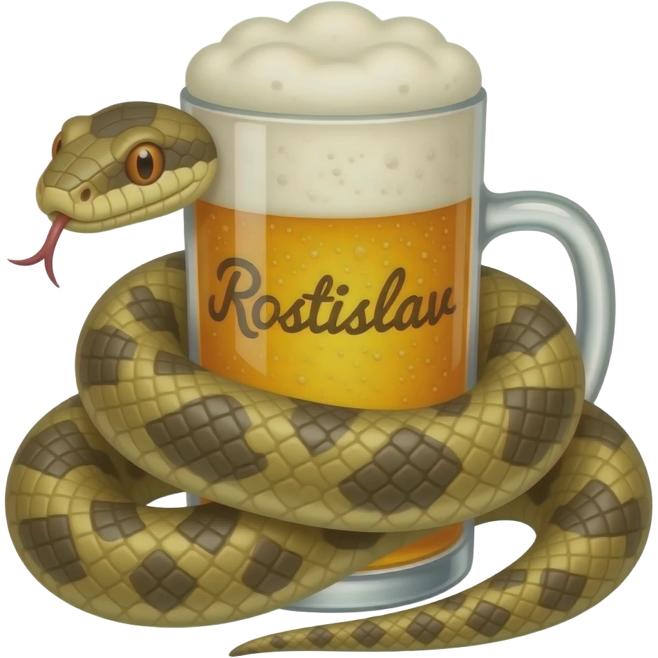 A snake wraps itself around a glass of beer with the inscription Rostislav emoji
