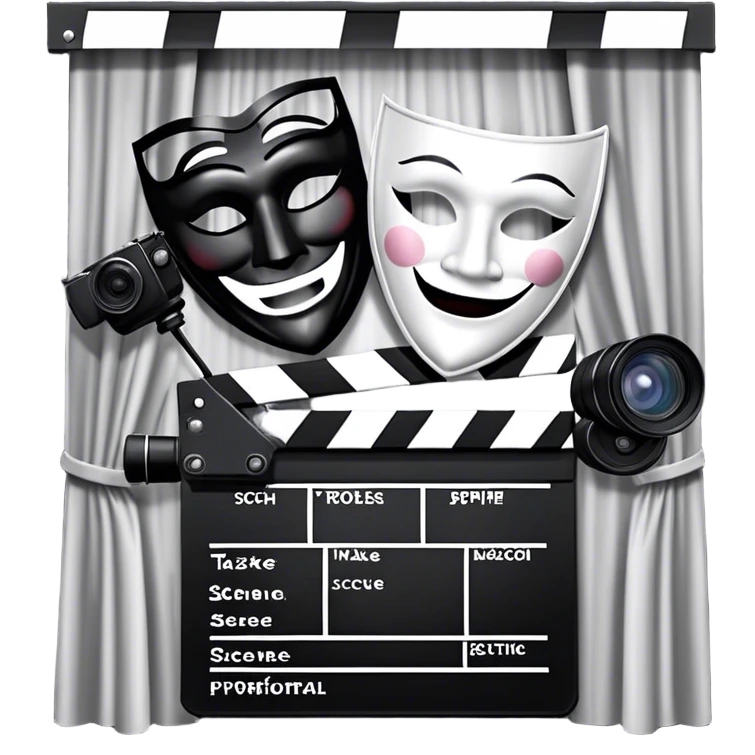 Icon for Acting in Theatre: a stage with curtains, a theater mask, a film camera, and a clapperboard. The design should represent theatrical performance and acting techniques. Transparent background. emoji