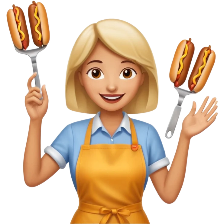 A cheerful woman selling hotdogs, waving a tongs in one hand. emoji