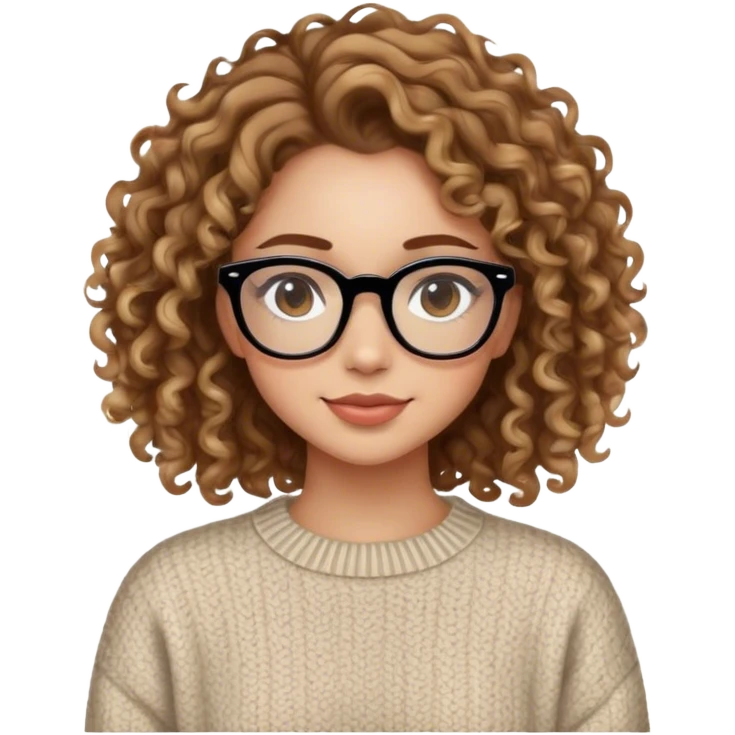 Girl with black glasses with light skin and light makeup and slight smile with brown curly hair with blond highlights in a stylish sweater emoji