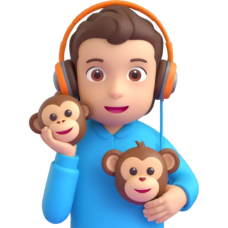 a boy with monkey-like features, playful and energetic behavior, wearing noise-cancelling headphones, holding a sensory toy, friendly and approachable style emoji