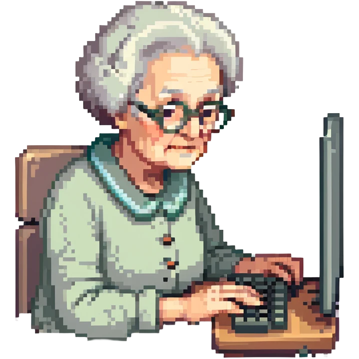 grandma typing on a computer on black background emoji
