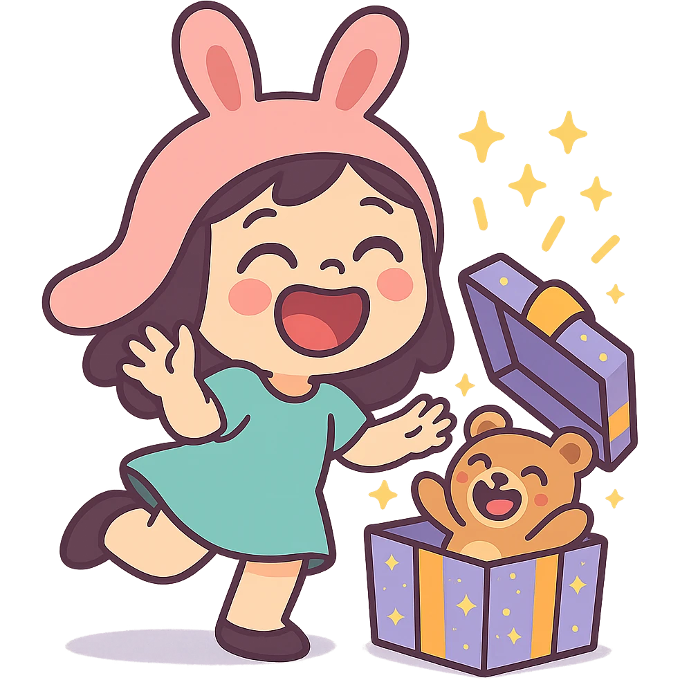 full-body laughing chibi girl in bunny hat opening glittery gift box with laughing teddy bear inside, pastel-toon style emoji