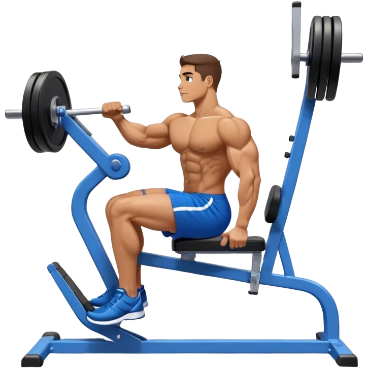 side-view bodybuilder in blue shorts seated weighted calf-raise machine on his tip toes emoji