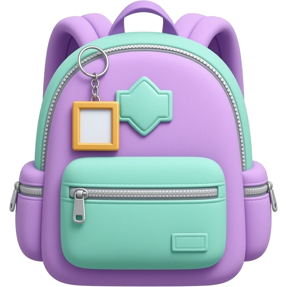 soft purple green school bagpack Plush  photo frame keychain, transparent background inspired by barbie colour pallete emoji