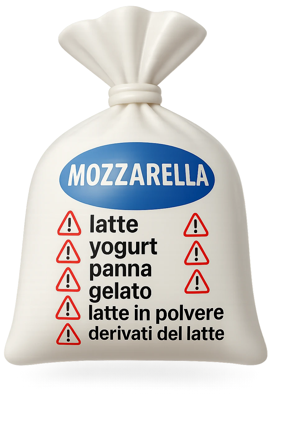 SU QUESTO STILE FAI UN EMOJI STILE IPHONE 3D DI UNa busta di mozzarelle con ETICHETTA CON GLI INGREDIENTI SCRITTI, "latte, yogurt, panna, gelato, latte in polvere, derivati del latte." accanto ad ogni nome scritto mettici un segnale di allarme, FALLO MOLTO REALISTICO IN 3D emoji
