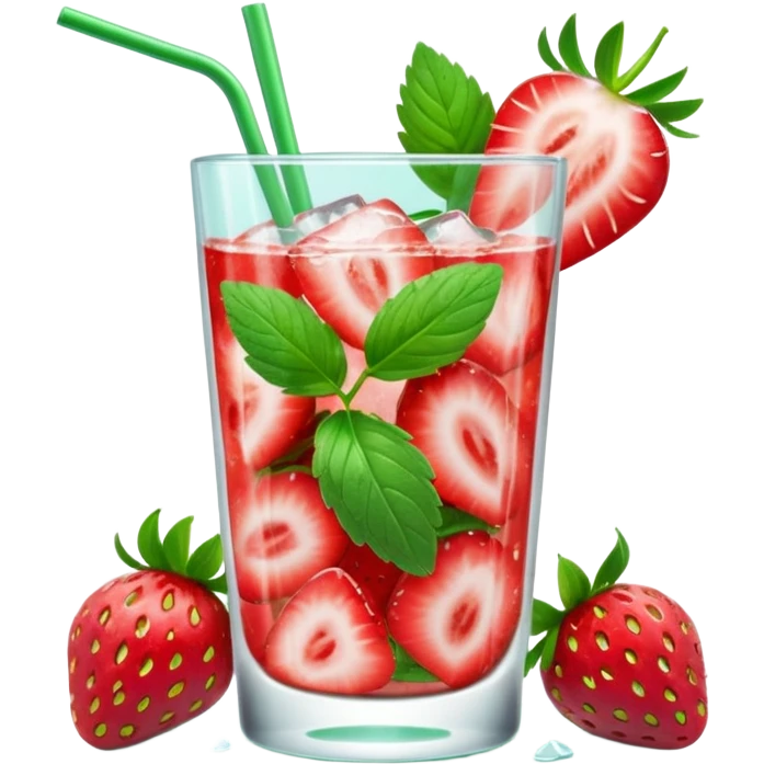 A 3D cartoon glass of strawberry mojito with mint leaves, ice cubes, and sliced strawberries, condensation on glass, bright lighting, Memoji-style realism. emoji