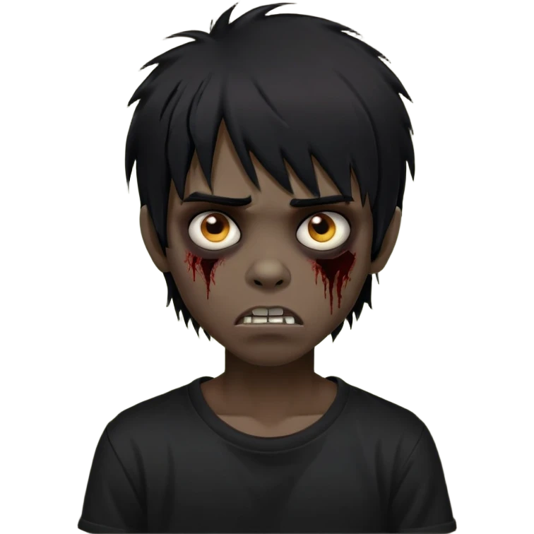 Boy, zombie, black hair, medium long, emo, shaggy, dark, spooky, creepy expression, fringe approximately to the eyebrows height, with Black t-shirt  emoji