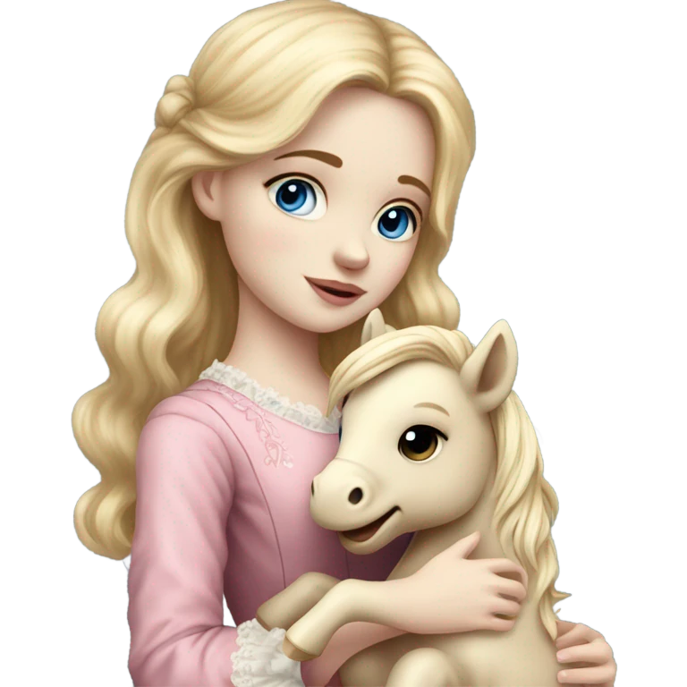 Blonde, pale skin, blue eyes girl wearing a pink dress cuddling her pony stuffed animal. She is from the Victorian era emoji