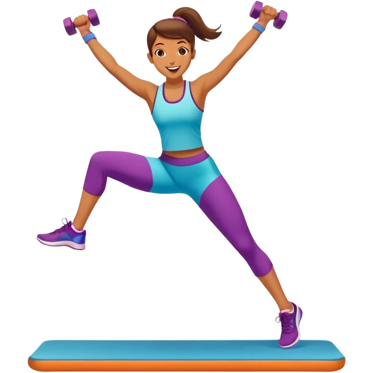 An energetic person performing an aerobics workout in a brightly lit gym, jumping and stretching with enthusiasm. The scene includes vibrant fitness equipment like dumbbells and exercise mats, with a background of cheerful, motivating colors, conveying energy and movement. emoji