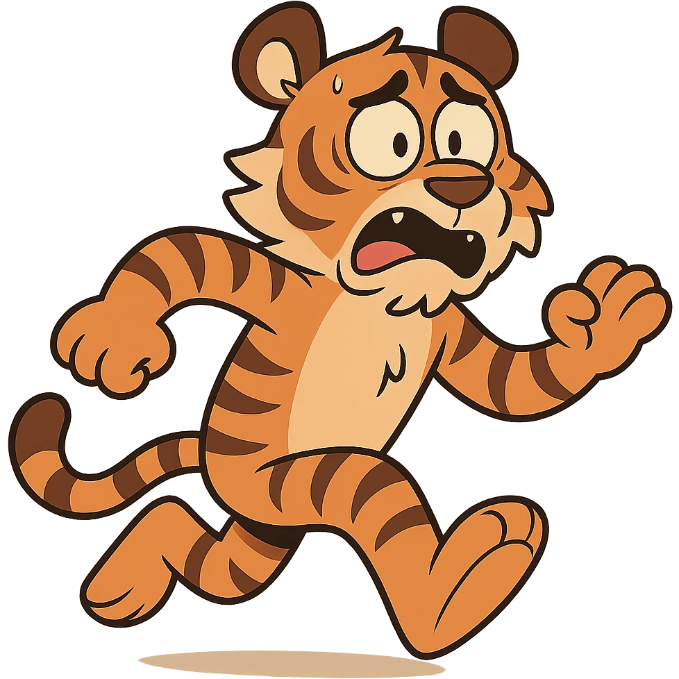 cartoonish tiger running away, looking scared, flat toon style emoji