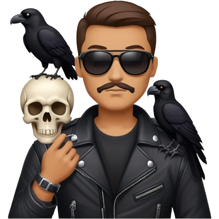 Biker wearing sunglasses holding a skull and a raven emoji
