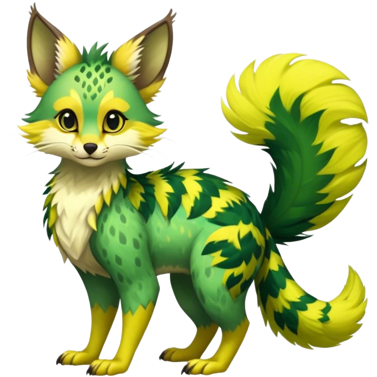 Feral Rare Fantasy vibrant tropical Vernid-Trico-species by LiLaiRa, random markings, tufted tail, tufted ears, full body emoji