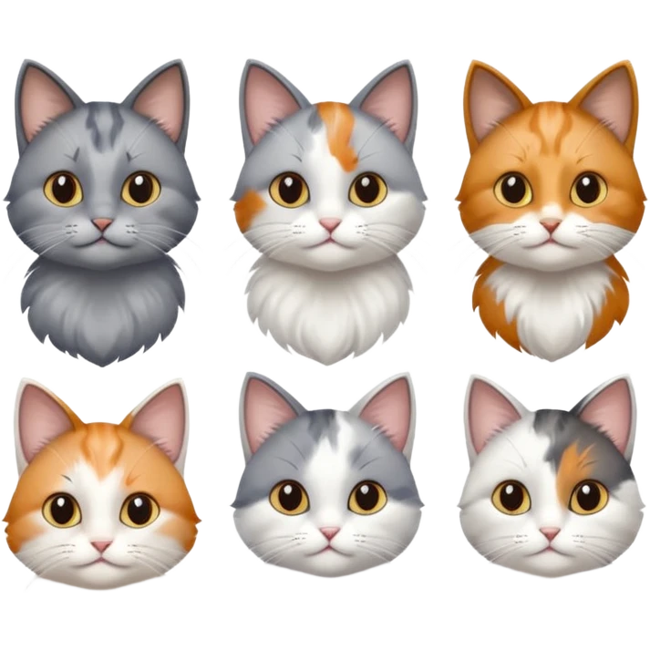 6 realistic looking cats with different natural coloured coats, assorted grey and white, greys, calico, brown and white colours etc
 emoji