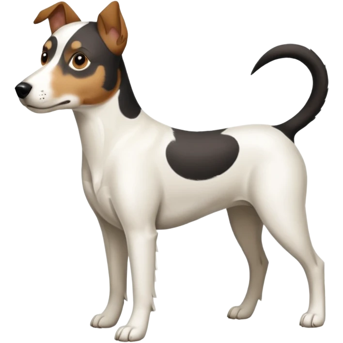 a full body large white parson russell looking dog the size of a kelpie with light brown ears and a light brown patch on one eye and a large snout emoji