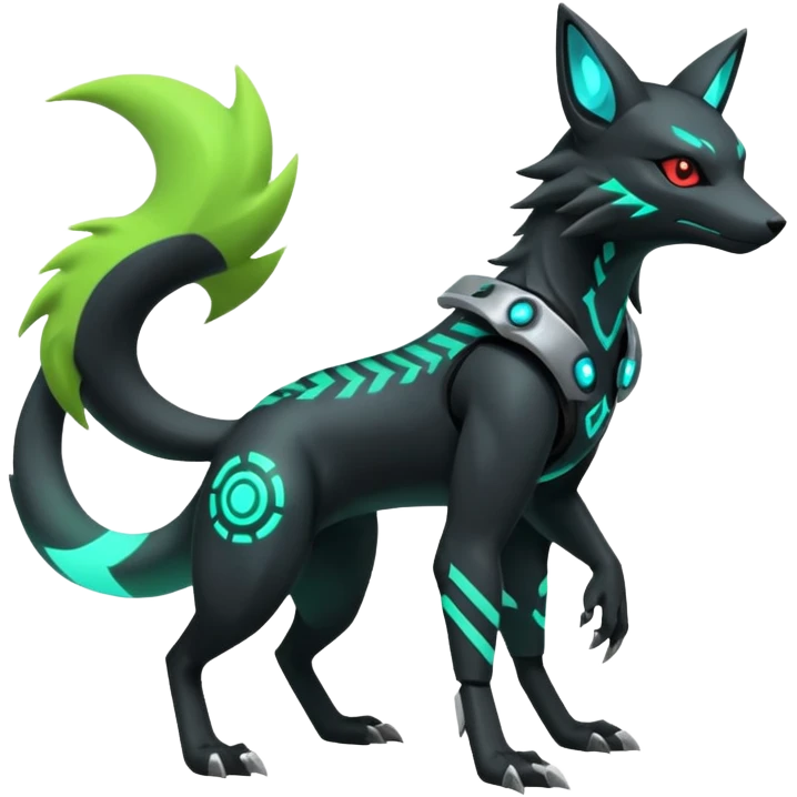 Black and green cyberpunk intricate neon glowing grey white futuristic cyborg-Protogen-Primagen-Zeraora-Zoroark-Umbreon-Litten-Salandit-fusion (full body) emoji