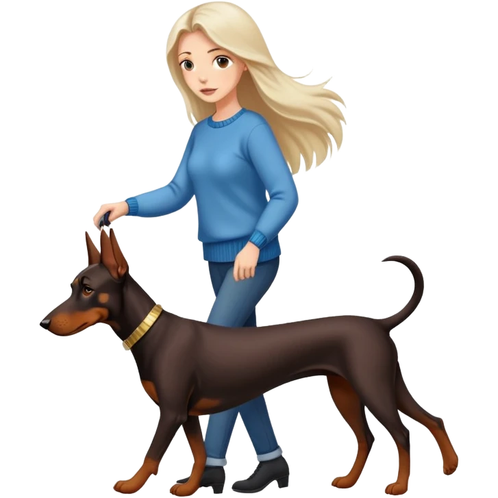 A beautiful long-haired white woman wearing a sweater walking a Doberman emoji