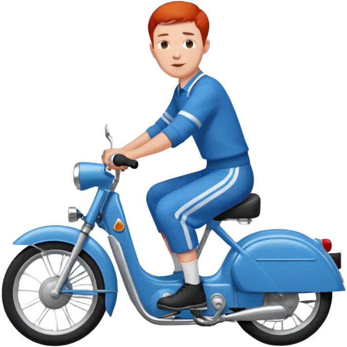 Un Solex 5000 de couleur blanche avec un homme aux guidon, habillé en bleu avec les cheveux courts et roux  emoji