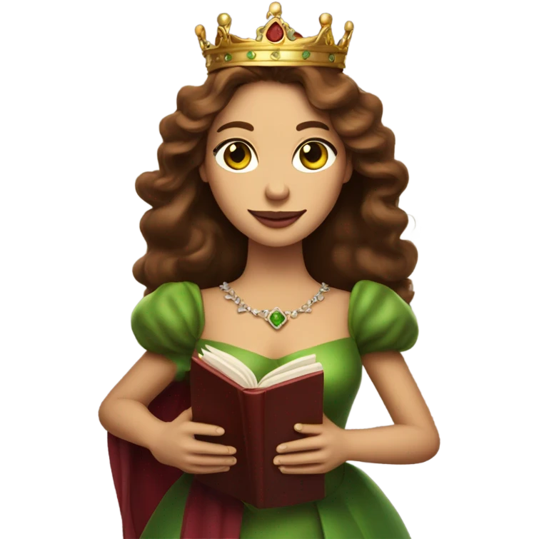 Queen wearing crown with long brown hair, and green eyes. Holding book and red wine emoji