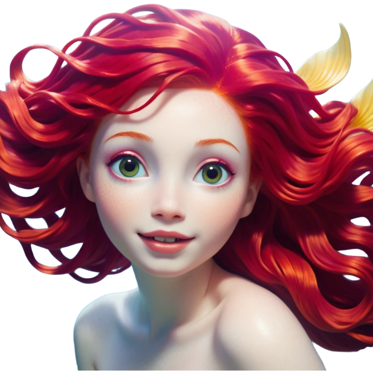 Cinematic Realistic Red Hair Mermaid Portrait, head tilted dramatically with an exaggeratedly amused expression, featuring a striking, vibrant form with meticulously detailed, flowing red hair and luminous porcelain skin. Her expressive eyes burst with playful marine mischief, rendered with dynamic underwater lighting and vibrant textures that convey an air of cheeky oceanic whimsy and over‐the‐top mermaid charm. emoji