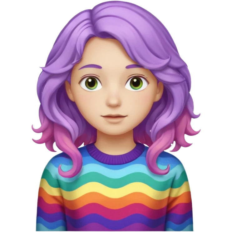 Lila renkli dalgalı saç beyaz tenrengi hafif çekik gözlü uzun kollu gökkuşağı swit emoji